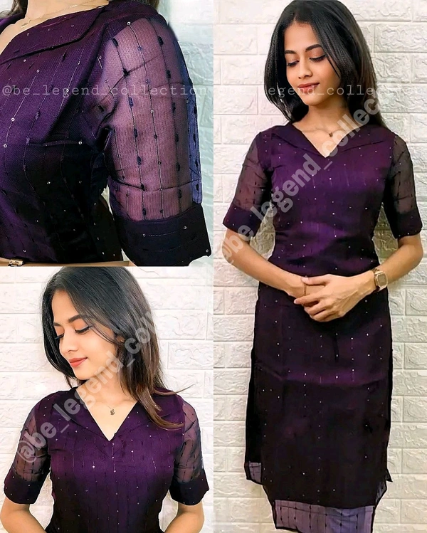 Women embroidered Straight collar organza kurti  - M