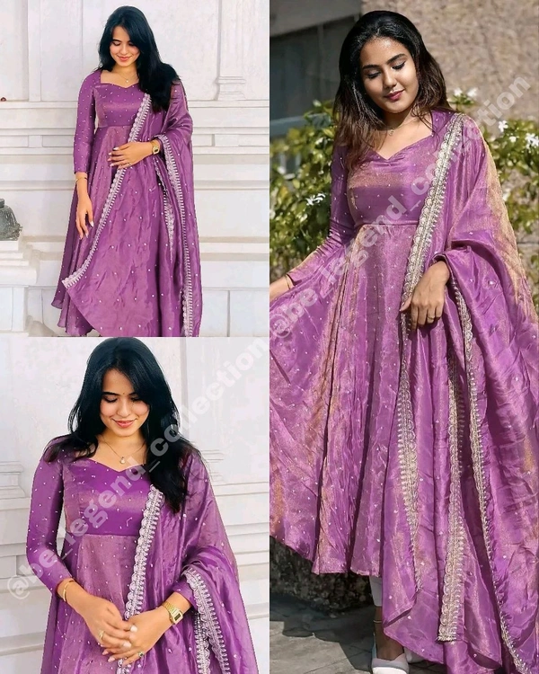 Launching New Party Wear Look Pur Twil Gold Net Anarkali Gown,Dupatta & Plazzo Set - XL, Copper Pink