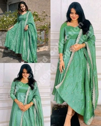 Launching New Party Wear Look Pur Twil Gold Net Anarkali Gown,Dupatta & Plazzo Set - XL, Copper Pink