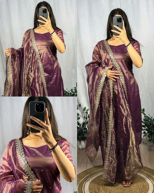 BANARASI TISSU TWO TONE WITH EMBROIDERY WITH 3mm SEQUENCE THREAD WORK 💎 - Purple, 3XL