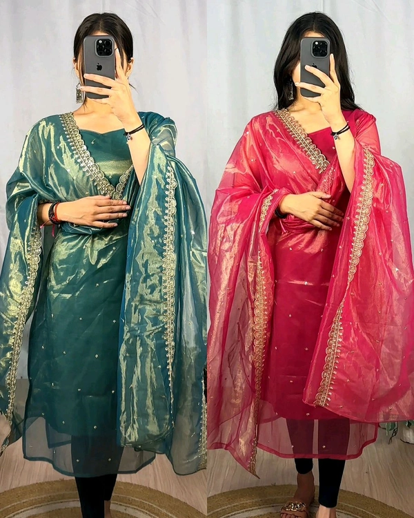 BANARASI TISSU TWO TONE WITH EMBROIDERY WITH 3mm SEQUENCE THREAD WORK 💎 - Teal, 2XL