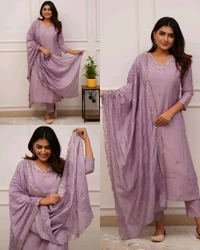 Women Embroidered Chanderi SILK KURTA SET - Purple, S