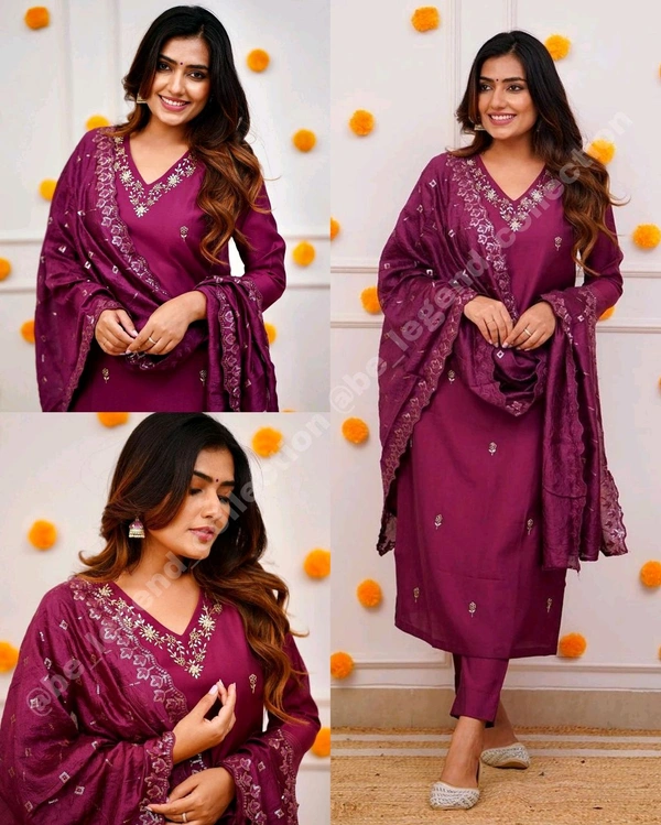 Women Embroidered Chanderi SILK KURTA SET - Purple, XL