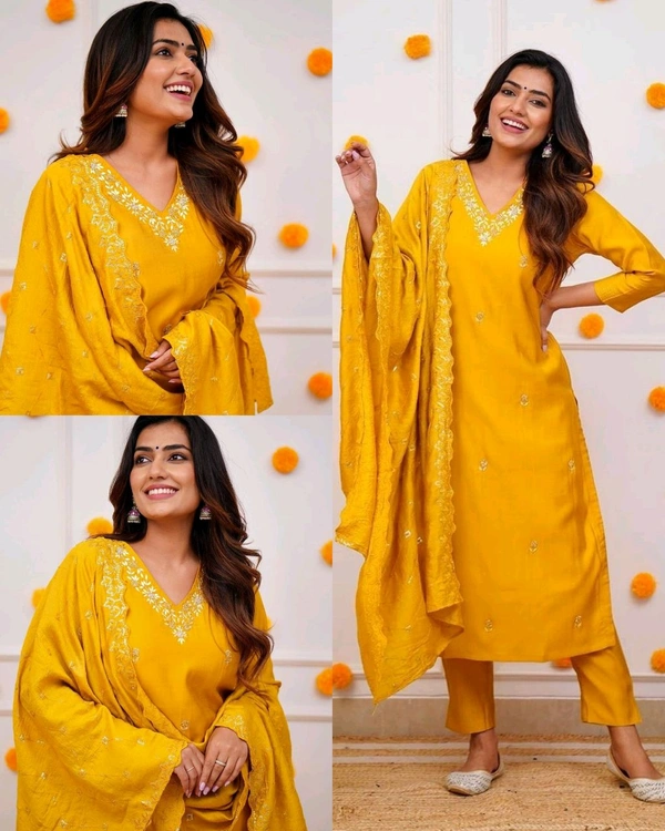 Women Embroidered Chanderi SILK KURTA SET - Yellow, 2XL