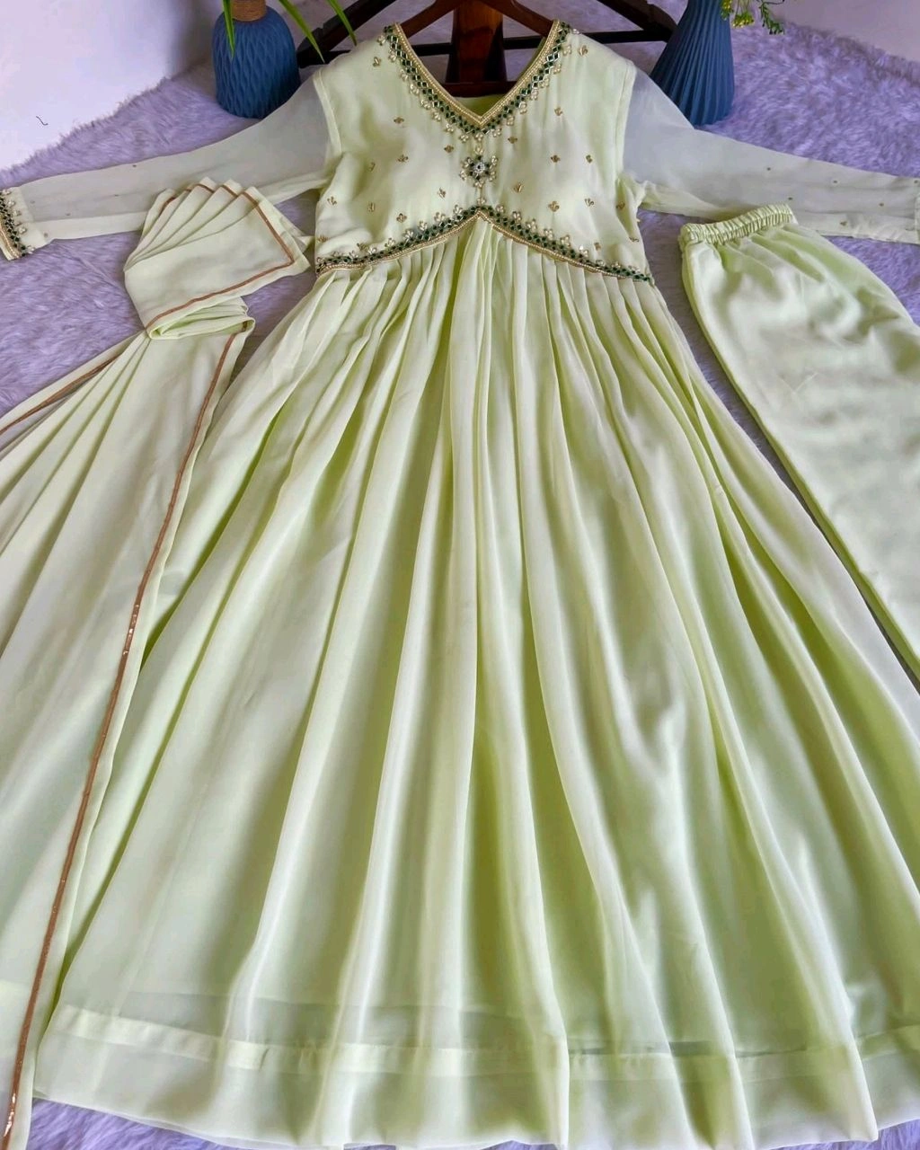 Sleeveless Aliya cut dress (with work on front and back) PRE-ORDER - Floral Blue green