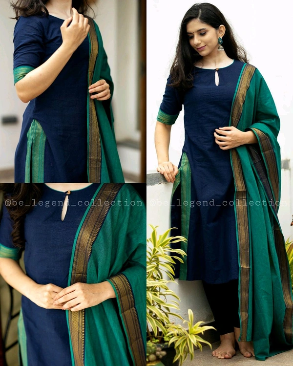 Superior And Elegant Cotton Kurta With Dupatta Set  - Blue, 2XL