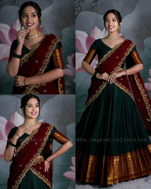 Trendy Traditonal Half Saree for Women - Green, Unstitched