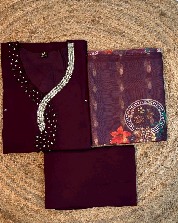 Hand work Kurtas for functions Kurti + pant + dupata - Wine, L