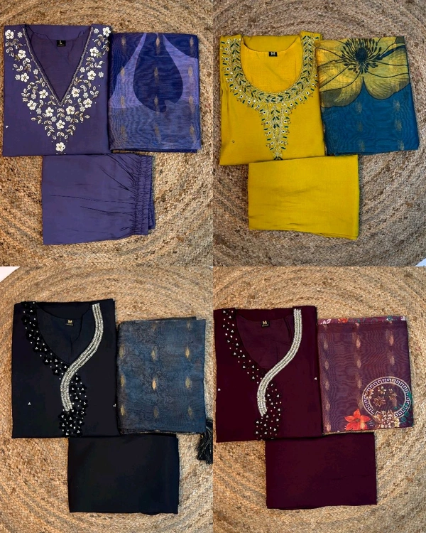 Hand work Kurtas for functions Kurti + pant + dupata - Lavender Purple, L
