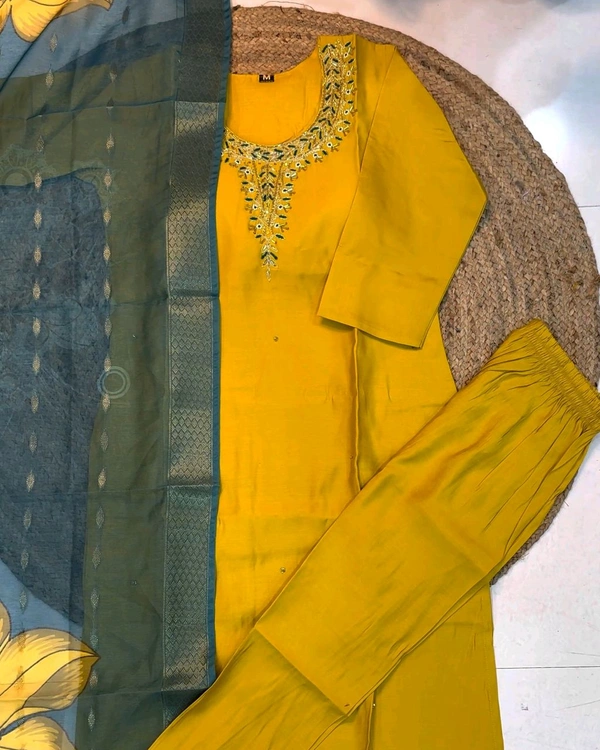 Hand work Kurtas for functions Kurti + pant + dupata - Yellow, M