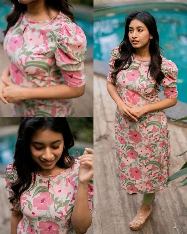 Stylish Trendy Floral Printed Beautiful Ethinic Kurti - Pink, L