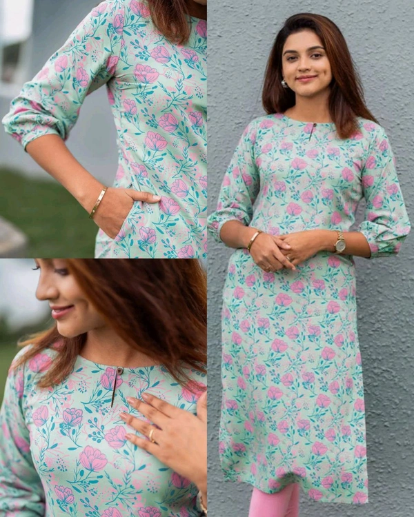 Stylish Trendy Floral Printed Beautiful Ethinic Kurti - Aqua Blue, XL