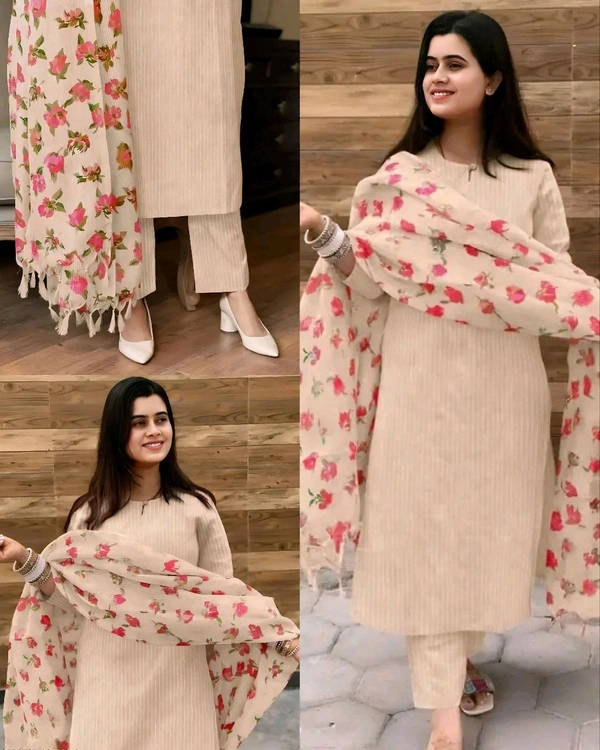New Fabulous Full Set Kurta with Dupatta and Bottomwear - Cream, XL