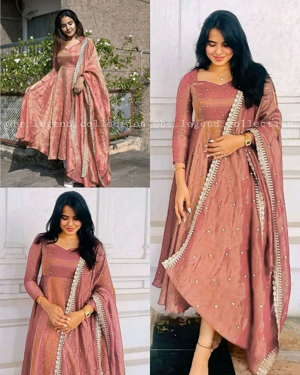 Launching New Party Wear Look Pur Twil Gold Net Anarkali Gown,Dupatta & Plazzo Set - peach, Free Size