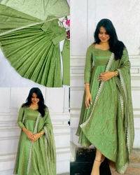 Launching New Party Wear Look Pur Twil Gold Net Anarkali Gown,Dupatta & Plazzo Set - peach, Free Size