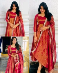 Launching New Party Wear Look Pur Twil Gold Net Anarkali Gown,Dupatta & Plazzo Set - peach, Free Size