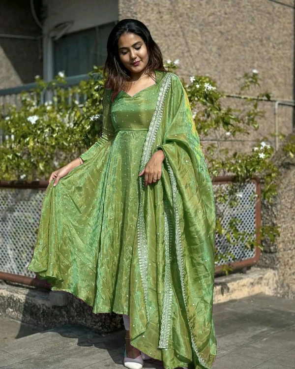 Launching New Party Wear Look Pur Twil Gold Net Anarkali Gown,Dupatta & Plazzo Set - Moss Green, Free Size