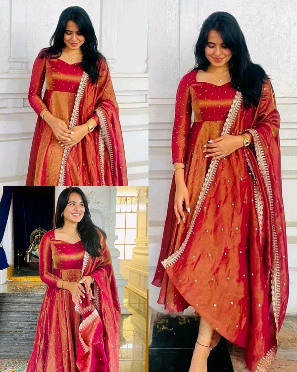 Launching New Party Wear Look Pur Twil Gold Net Anarkali Gown,Dupatta & Plazzo Set - Red Orange, Free Size
