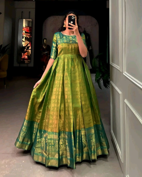 Kanjivaram Pure Silk Gown - Green, Free Size