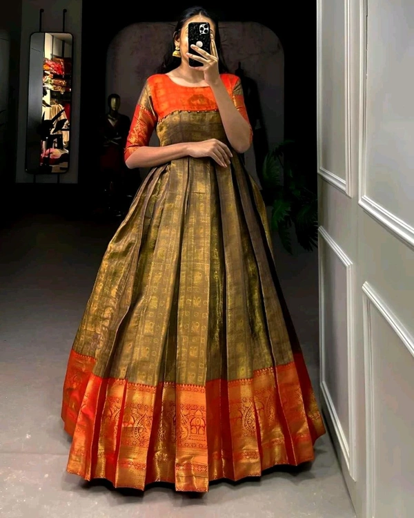 Kanjivaram Pure Silk Gown - Green, Free Size