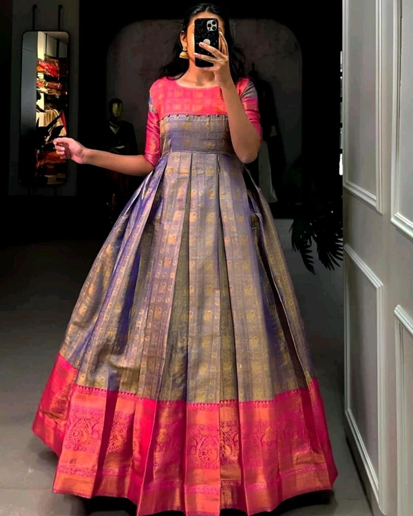 Kanjivaram Pure Silk Gown - Blue with Pink, Free Size