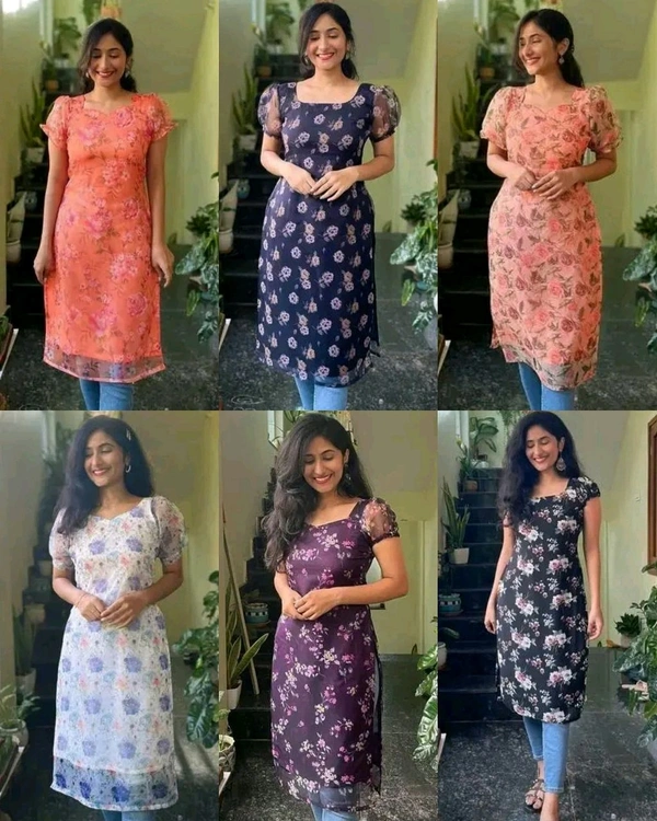 FLORAL PRINTED GEORGETTE STRAIGHT KURTIS - 3rd Peach, 4XL