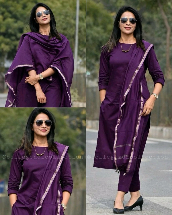 Trendy kurti and pant set With Dupatta   - Purple, XL