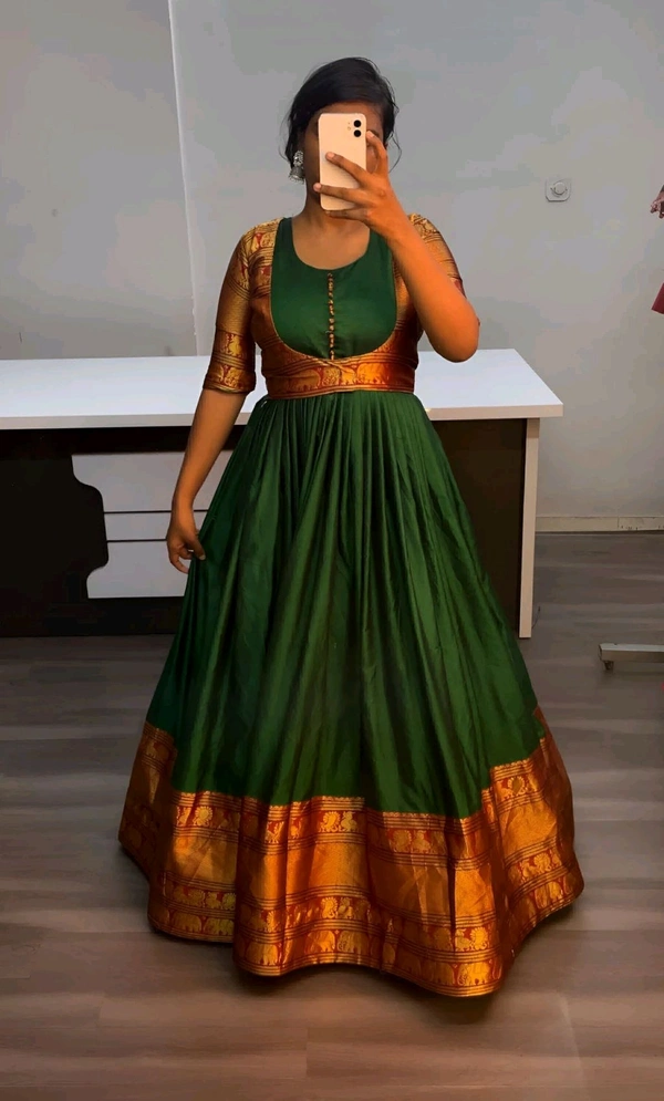 Pure Narayanpet Gown with Removable coat - Green, L