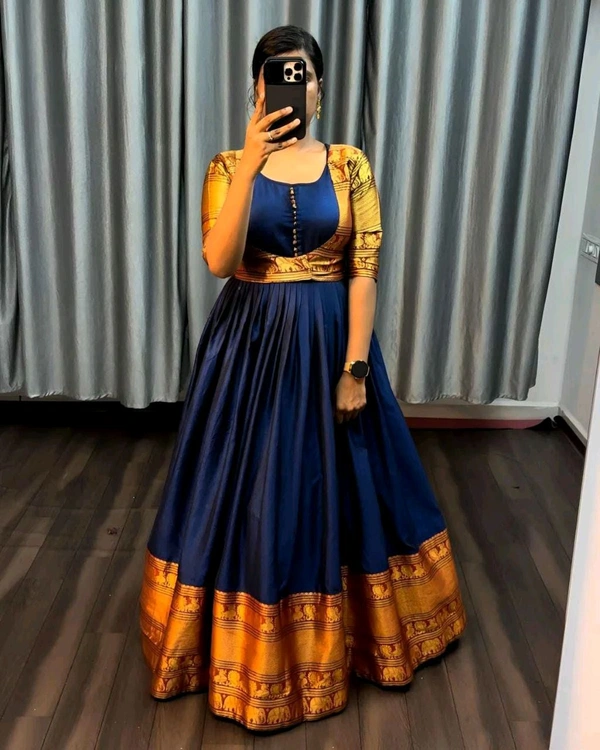 Pure Narayanpet Gown with Removable coat - Navy Blue, S