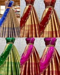 Kanjiveram Silk Zari lehanga with blouse along with cutwork Duppta - Un Stitched, Cardinal Pink