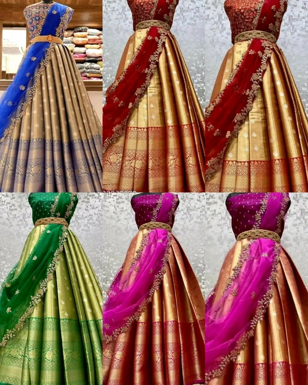 Kanjiveram Silk Zari lehanga with blouse along with cutwork Duppta - Un Stitched, Cardinal Pink