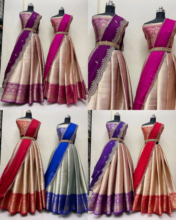 Kanjiveram Silk Zari lehanga with blouse along with cutwork Duppta - Un Stitched, Guardsman Red
