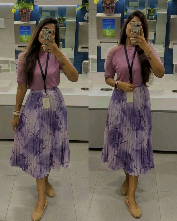 Trendy Stylish Puff Sleeves & Marble Elegance Masterpiece Skirt Combo - Purple Combo, M