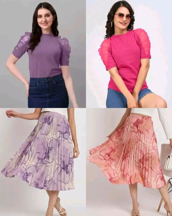 Trendy Stylish Puff Sleeves & Marble Elegance Masterpiece Skirt Combo - Rose & Peach, XS