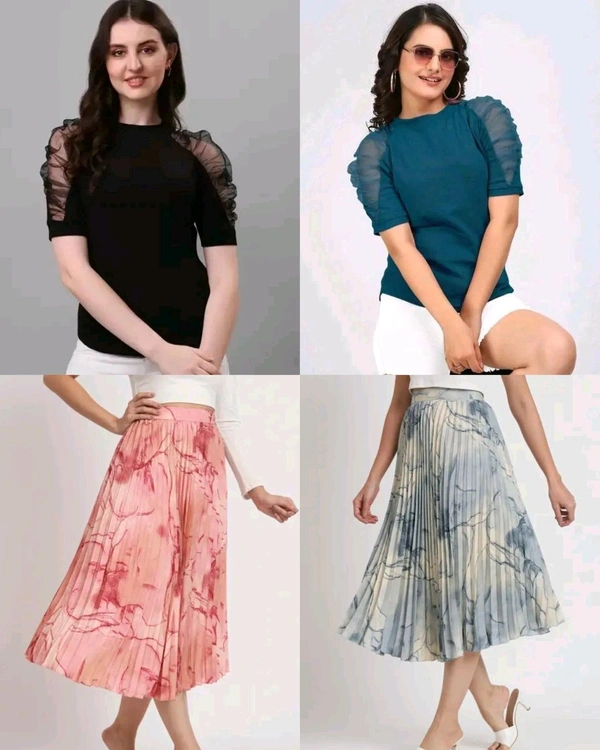 Trendy Stylish Puff Sleeves & Marble Elegance Masterpiece Skirt Combo - Teal & Blue, M