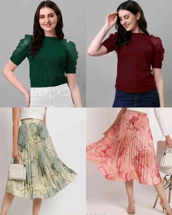 Trendy Stylish Puff Sleeves & Marble Elegance Masterpiece Skirt Combo - Green, L