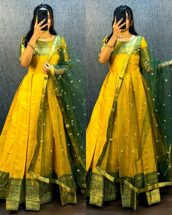 UPCOMING WEDDING SERIES GOWN WITH DUPPTA - Yellow, L