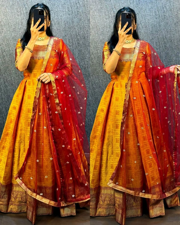 UPCOMING WEDDING SERIES GOWN WITH DUPPTA - Orange & Maroon, XL