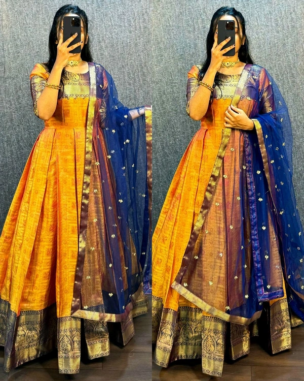 UPCOMING WEDDING SERIES GOWN WITH DUPPTA - Orange & Blue, 2XL