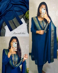 Stylish festival wear pure vichitra silk Kurti set with beautiful zari work lace yoke part and Dupatta - Rosy Bronze, S