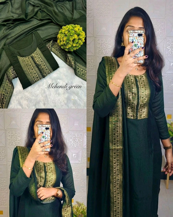 Stylish festival wear pure vichitra silk Kurti set with beautiful zari work lace yoke part and Dupatta - Rosy Bronze, S