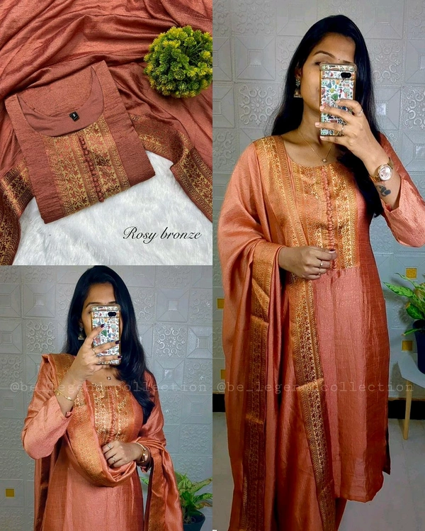 Stylish festival wear pure vichitra silk Kurti set with beautiful zari work lace yoke part and Dupatta - Rosy Bronze, M