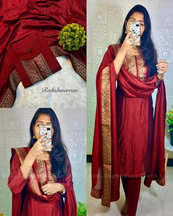Stylish festival wear pure vichitra silk Kurti set with beautiful zari work lace yoke part and Dupatta - Guardsman Red, S