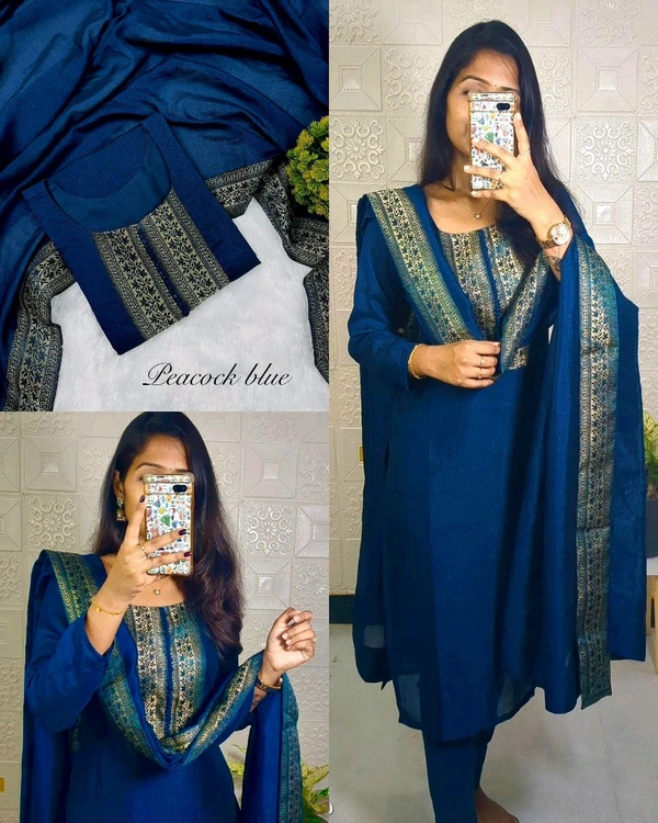 Stylish festival wear pure vichitra silk Kurti set with beautiful zari work lace yoke part and Dupatta - Peacock Blue, M