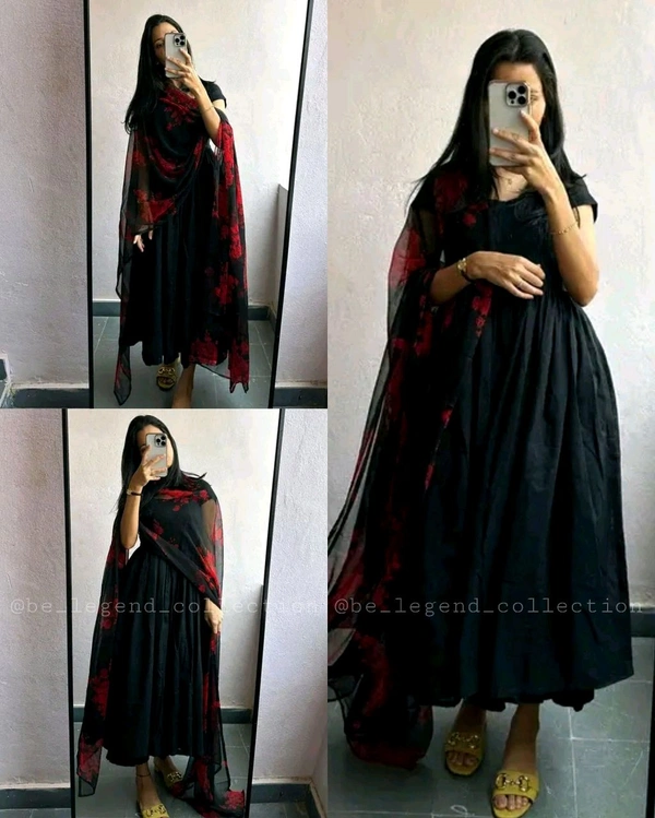 Elegant and Stylish Black Flared Kurta With Dupatta - 2XL