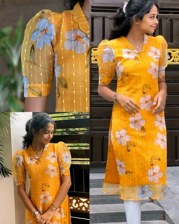 Trendy Yellow Flower Print Kurti - XL