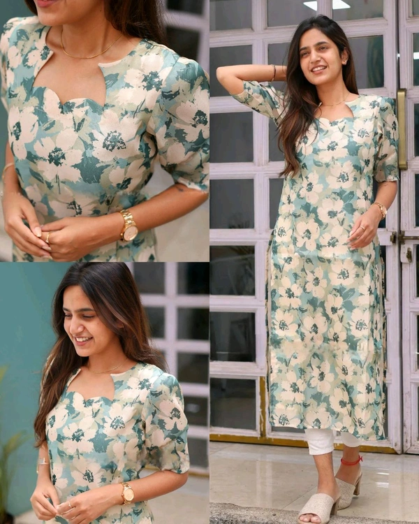Pastel Green Tussar Kurti with Cream Blossom – Casual Wear - S