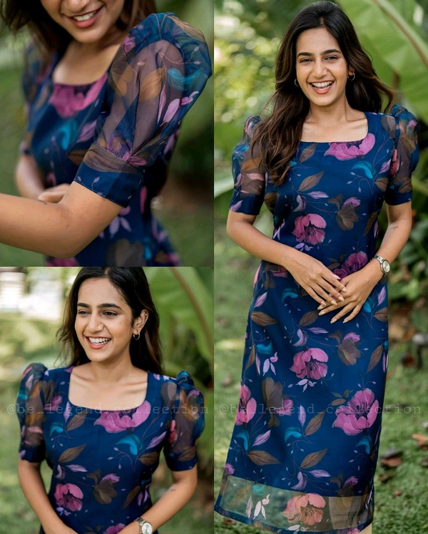Blue Organza Floral Print Self Design Kurtis - 2XL