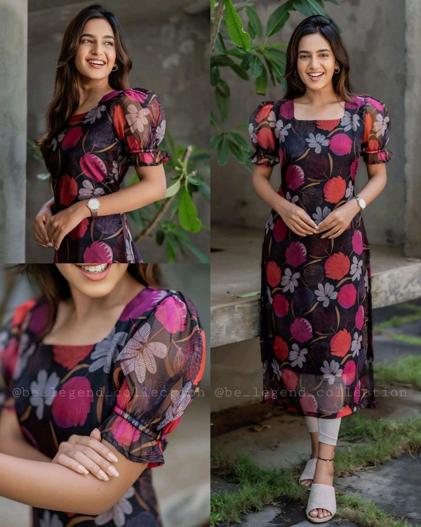 Organza Floral Print Self Design Kurtis - M