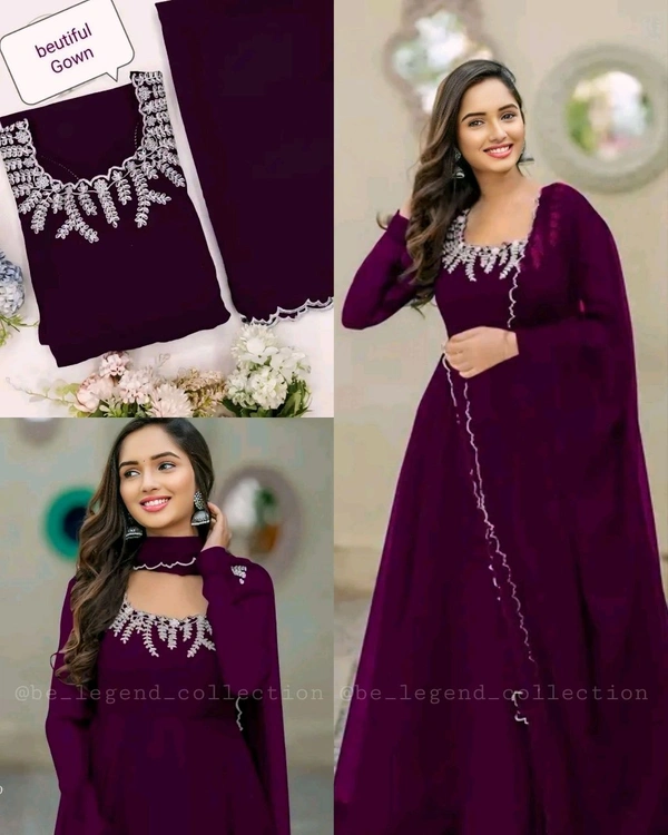 Nack line embroidery Georgette with work dupatta with lace - Blue, S